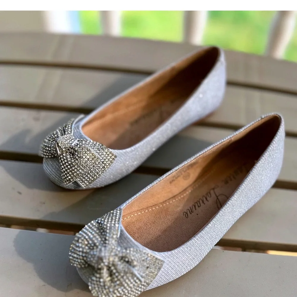 Lauren‎ Lorraine Silver Glitter Rhinestone Bow Ballet Flats Kids Size 10.5 NWB
